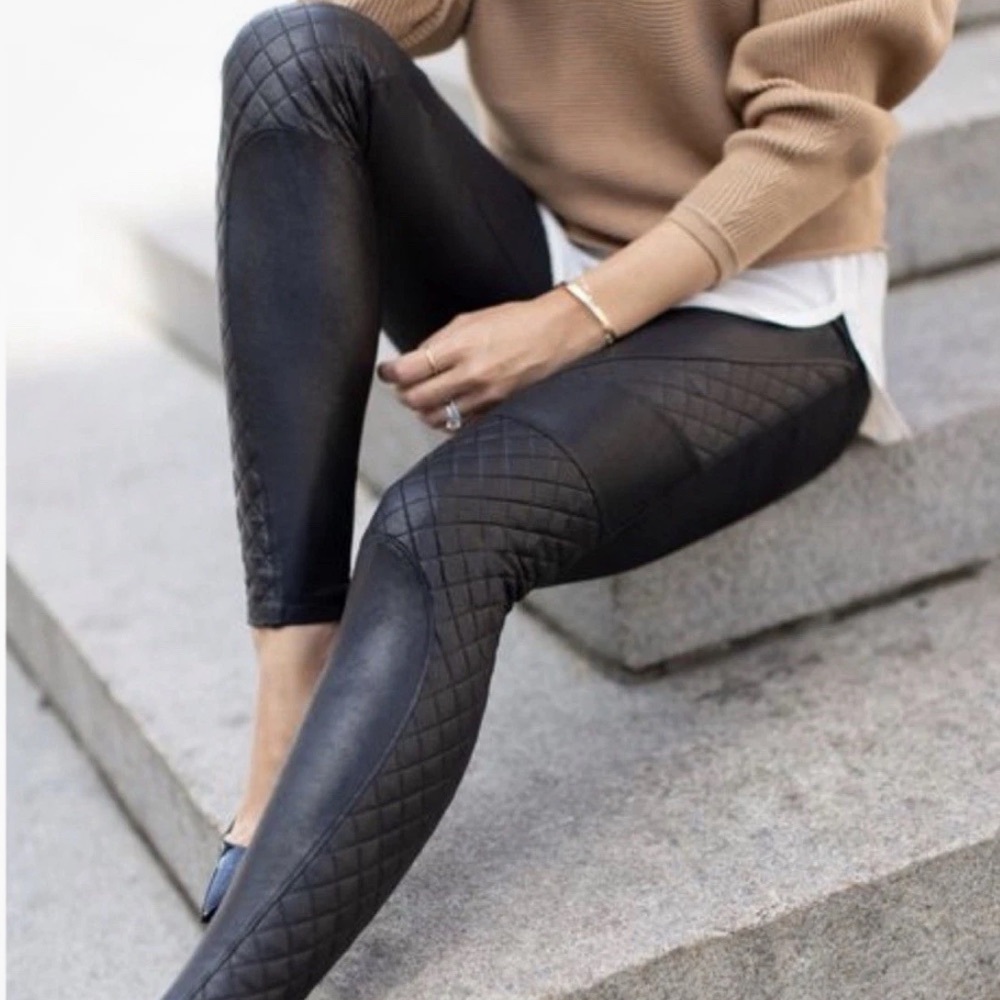 SPANX Quilted Faux Leather Leggings Black Size Small